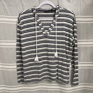 TAHARI / Black & White Striped Hooded Linen Long Sleeve Shirt Size S